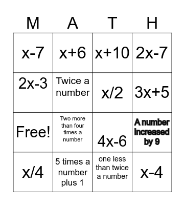 Algebraic Expressions: Four in A Row Bingo Card