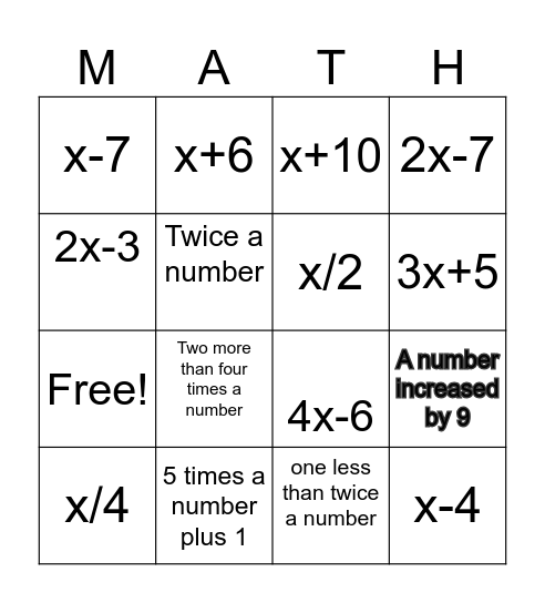 Algebraic Expressions: Four in A Row Bingo Card