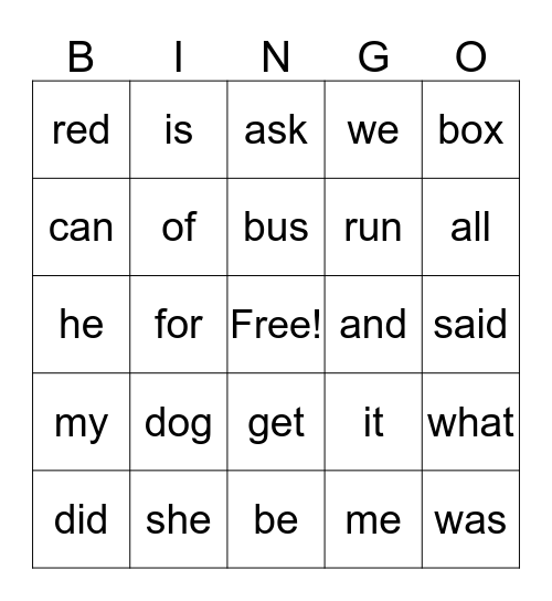 Sight Words Bingo Card