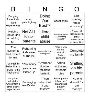 Bullsh*t Bingo: Foster parent edition Bingo Card