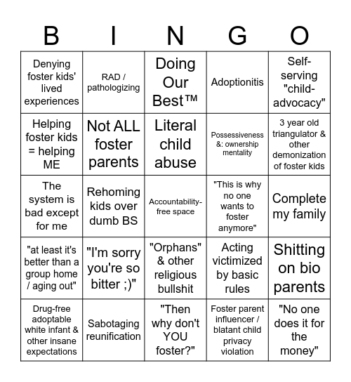 Bullsh*t Bingo: Foster parent edition Bingo Card