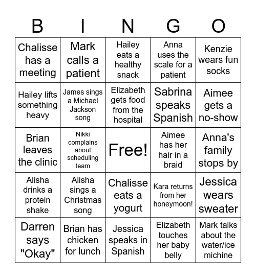 Orem Peds Rehab Bingo Card