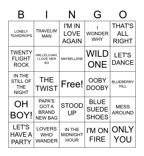 SOCK HOP ROCK Bingo Card