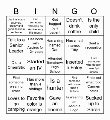 Aspirus Week Bingo Card