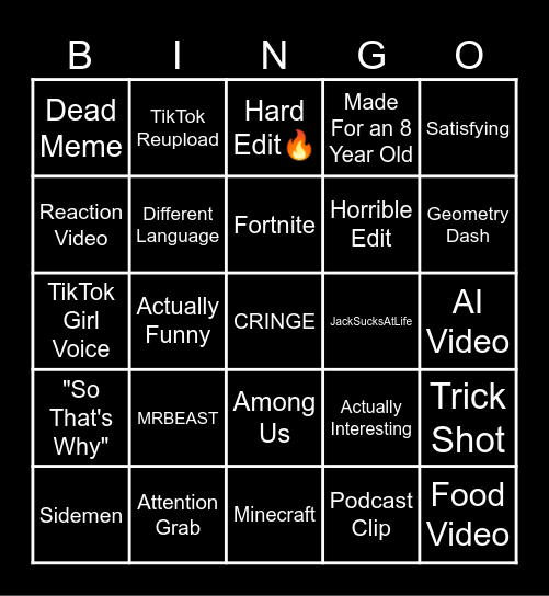 YouTube Shorts Bingo Card