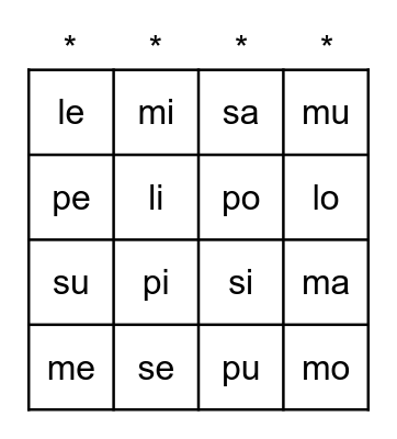 Vocales a e i  o u Bingo Card