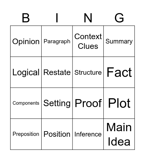 Vocabulary Bingo Card