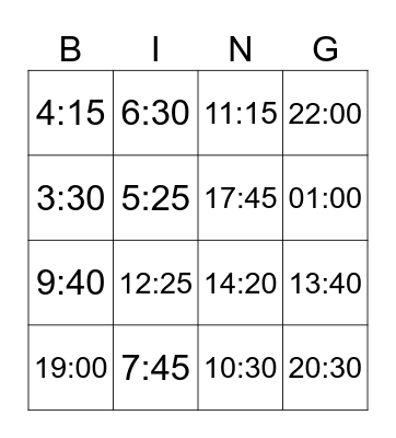 24 hour time Bingo Card