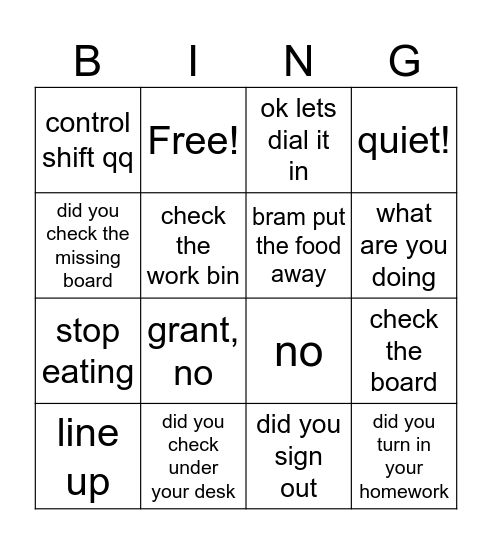 teacheer bingo Card