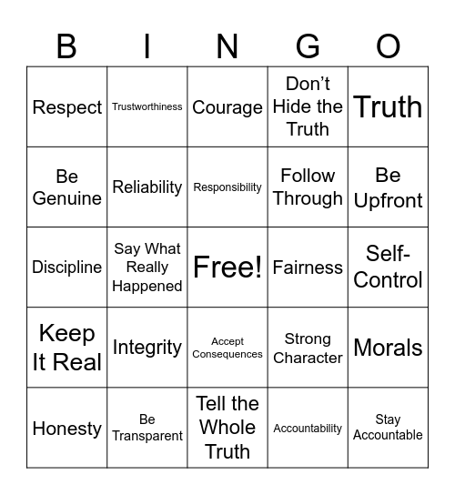 Positive Actions Bingo Card