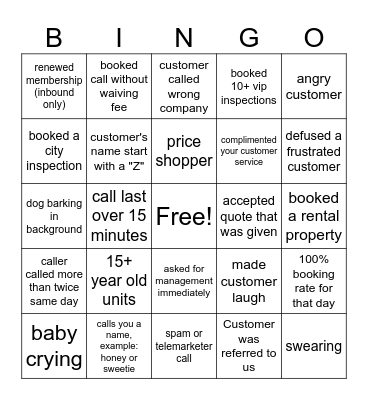 Customer Service Bingo Card