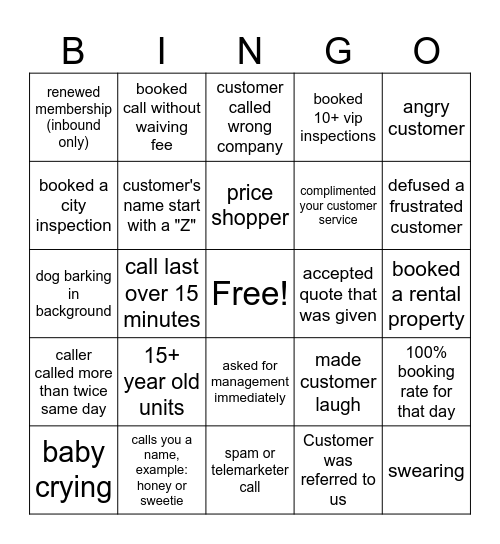 Customer Service Bingo Card