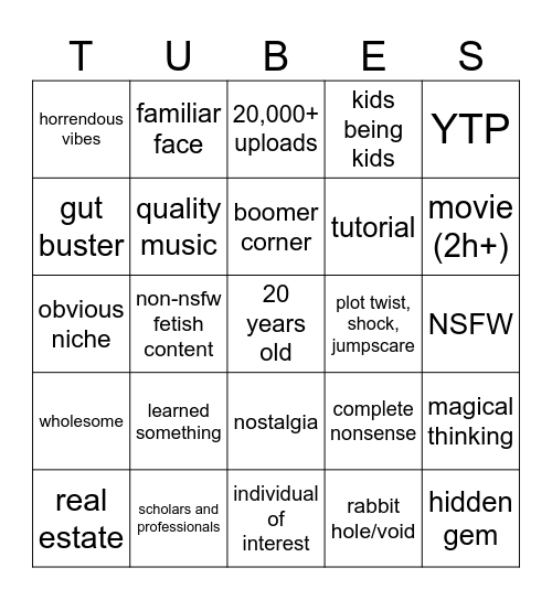 PETIT TUBE BINGO Card