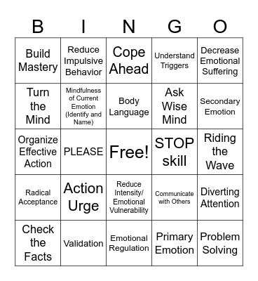 DBT Emotional Regulation Bingo Card
