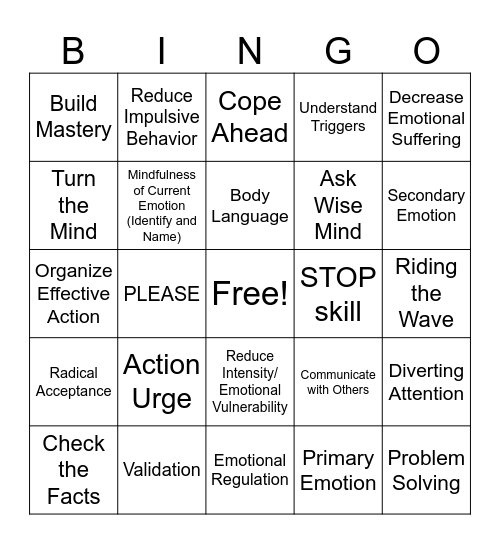DBT Emotional Regulation Bingo Card