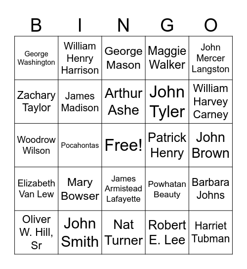 FAMOUS VIRGINIANS Bingo Card