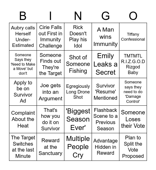Survivor 50 Episode 11 Bingo Card