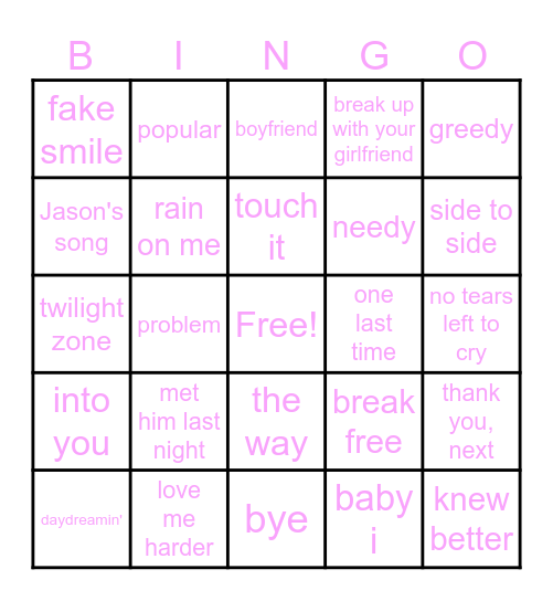 Ariana Grande Bingo Card