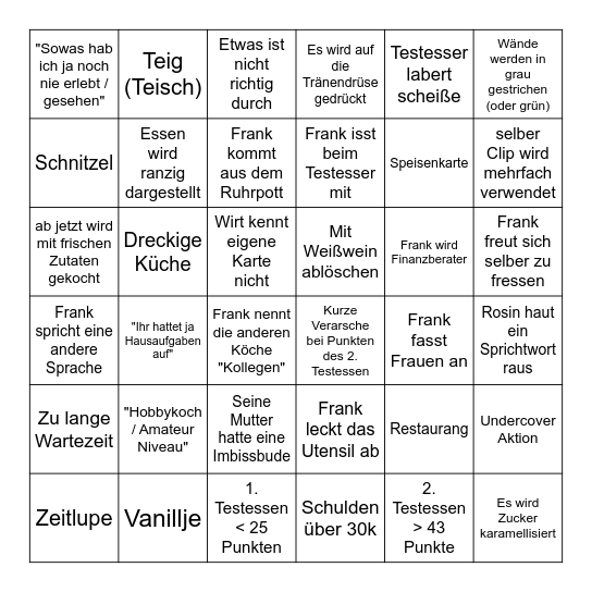 Rosins Restaurant Bingo v8 Bingo Card
