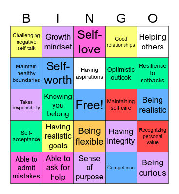 Self-Esteem Bingo Card
