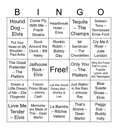 50s Music Bingo Card