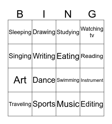 Hobbies Bingo Card