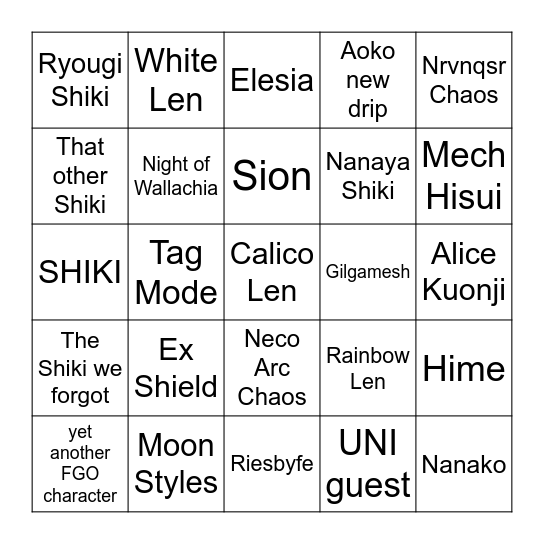 Melty Blood Twi Lumina Bingo Card