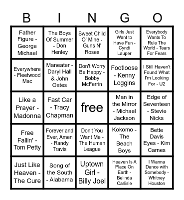 80s Hits Bingo Card