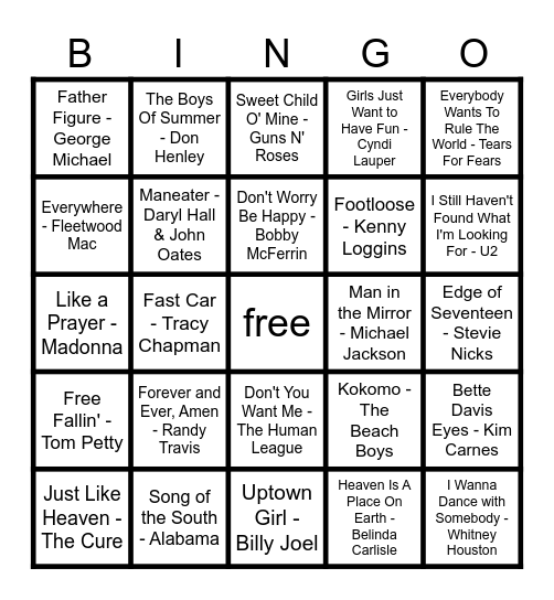 80s Hits Bingo Card
