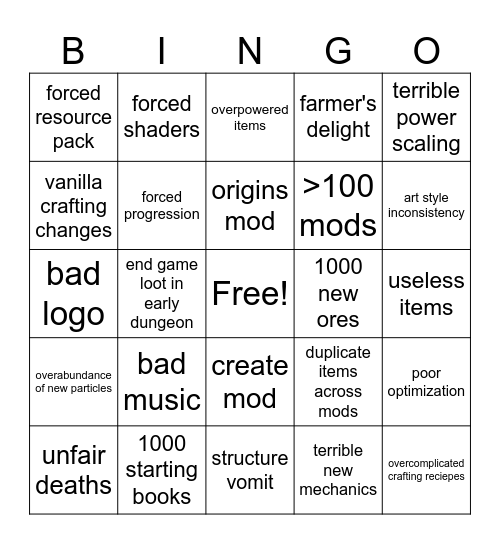 shitty modpack bingo Card