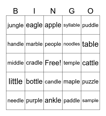 LE Syllable Words Bingo Card