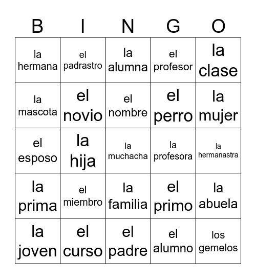 La Familia Bingo Card