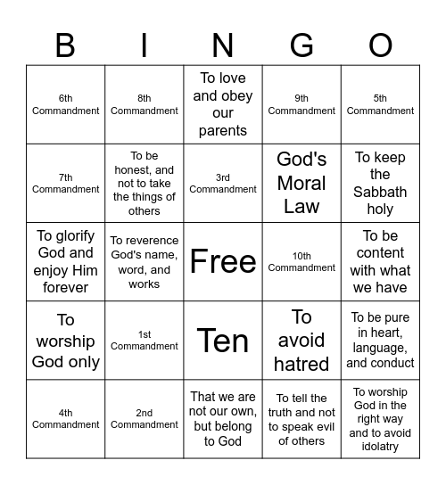 Catechism Bingo Card