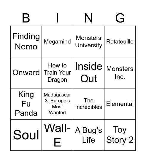 Dreamworks Movies Bingo Card