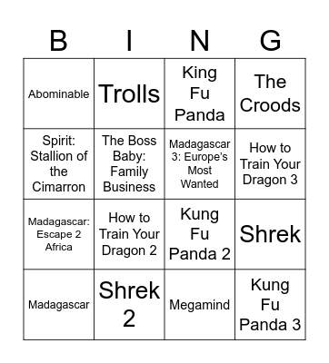 Dreamworks Movies Bingo Card