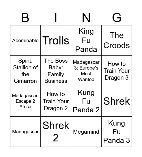Dreamworks Movies Bingo Card