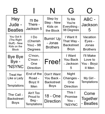 BBF (boy bands forever) Bingo Card