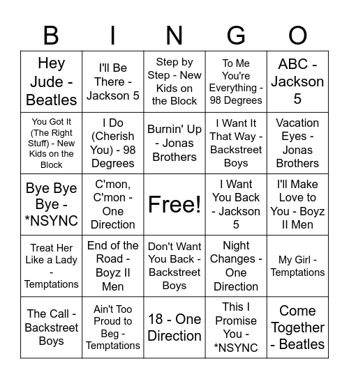 BBF (boy bands forever) Bingo Card