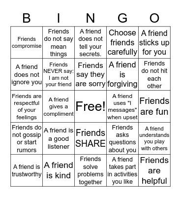 Friendship Bingo Card