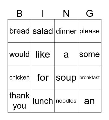 Food Bingo Card
