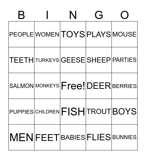 PLURALS Bingo Card
