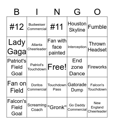Super Bowl 51 Bingo Card