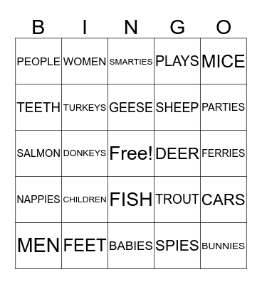 PLURALS SHEET  2 Bingo Card