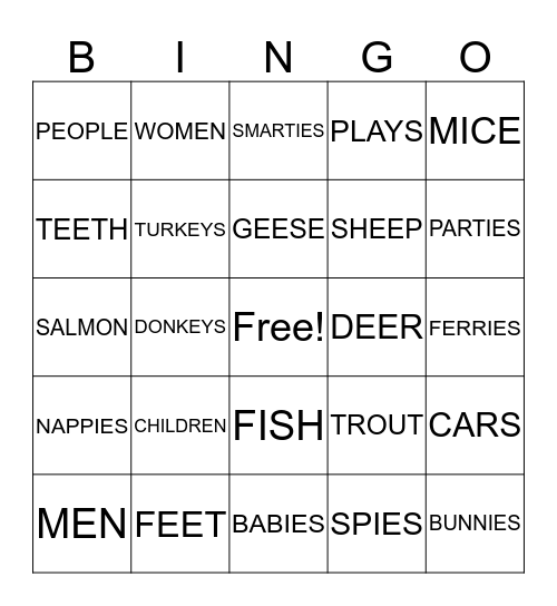 PLURALS SHEET  2 Bingo Card