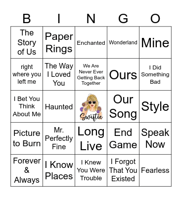 Taylor Swift Song Bingo Card