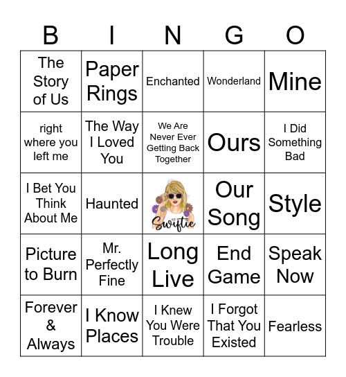 Taylor Swift Song Bingo Card