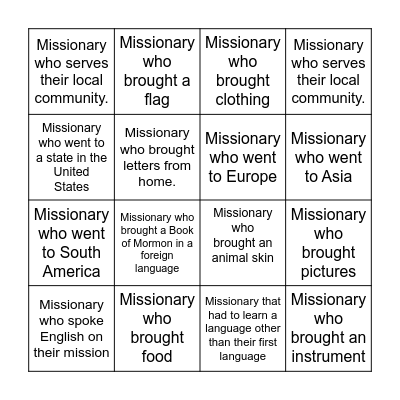 Missionary Bingo Card