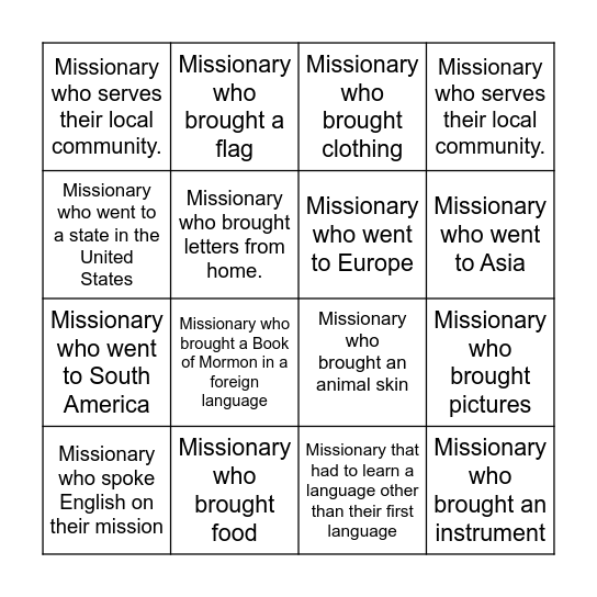 Missionary Bingo Card