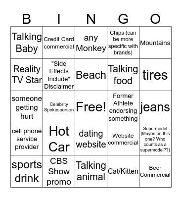 Super Bowl Commercial Bingo Card