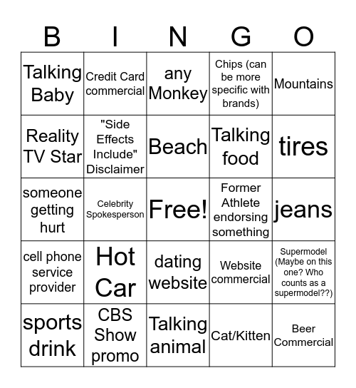 Super Bowl Commercial Bingo Card